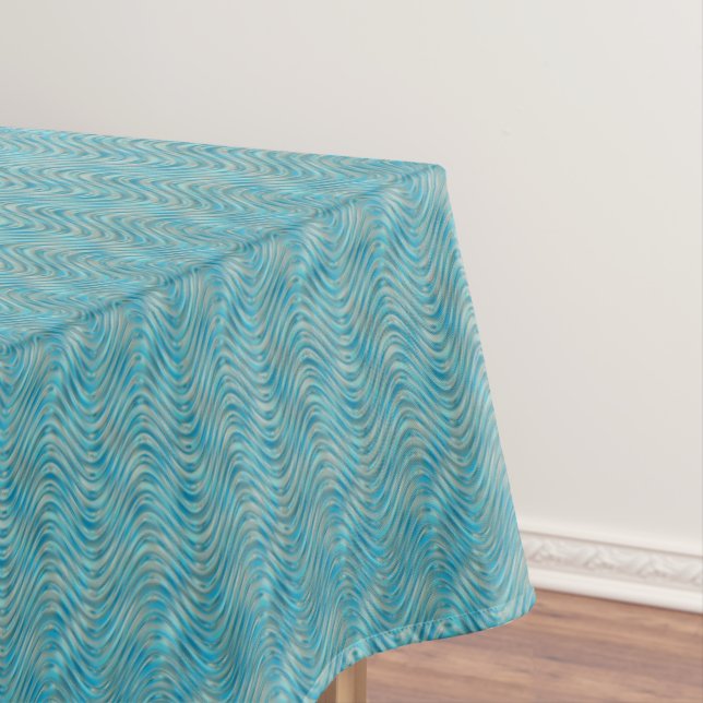 Funky Aqua Turquoise Blue Curved Lines Art Pattern Tablecloth (In Situ)