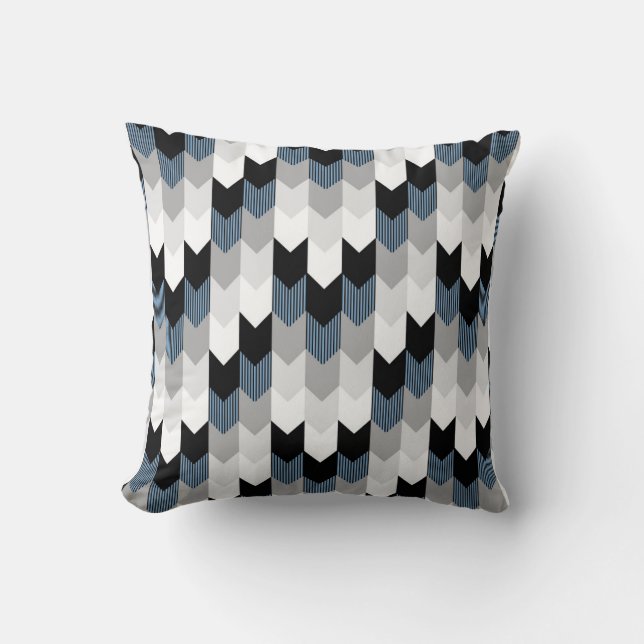 Funky Arrow Chevron Stripes Black Grey Blue White Cushion (Front)