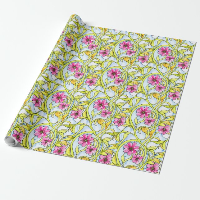 Funky Art Nouveau Watercolor Floral Pattern Wrapping Paper (Unrolled)