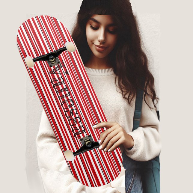 Funky Asymmetric Modern Vibrant Red Stripes Name Skateboard (Funky Asymmetric Modern Vibrant Red Stripes Name Skateboard)