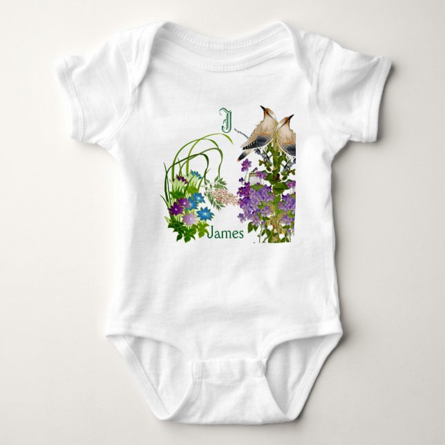 Funky Birdies Watercolor Floral Monogram Custom  Baby Bodysuit (Front)