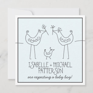 Funky Birds Modern Family Couples Baby Boy Shower Invitation