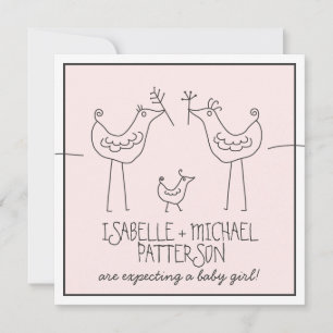 Funky Birds Modern Family Couples Baby Girl Shower Invitation