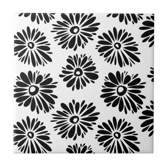 Funky Black and white floral Ceramic Tile (Front)