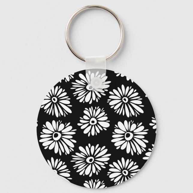 Funky Black and white flowers Key Ring (Front)