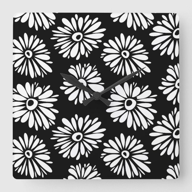 Funky Black and white flowers Square Wall Clock (Front)