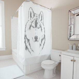 Funky Black And White Wolf Face Head Sketch Shower Curtain