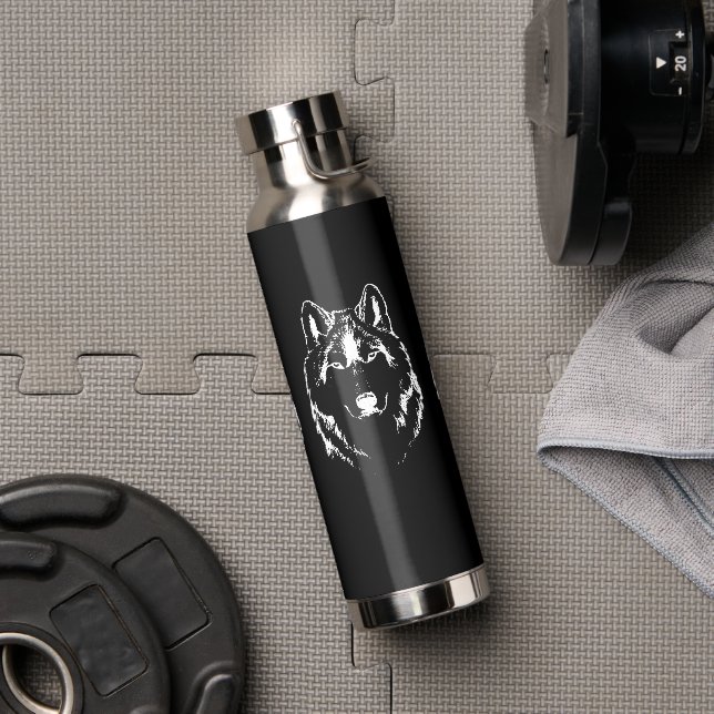 Funky Black And White Wolf Face Head Sketch Water Bottle (Gym)