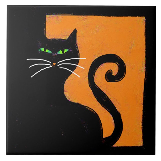 Funky Black Cat Abstract Halloween Art Ceramic Tile (Front)