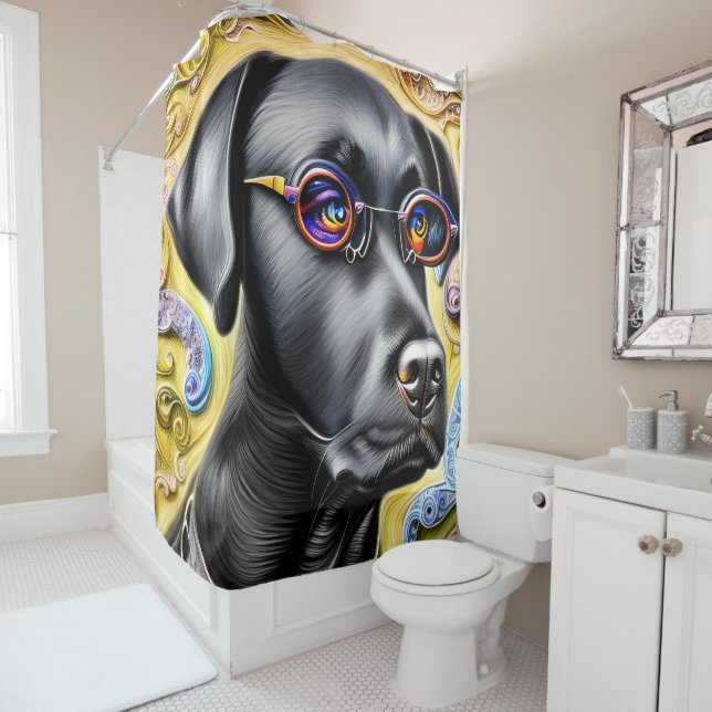 Funky Black Labrador Shower Curtain (In Situ)