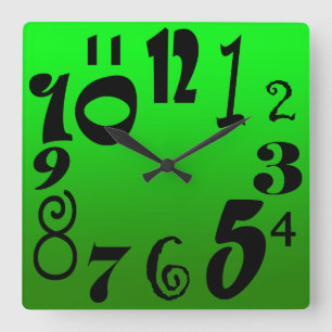 Funky black numbers - gradient of green face square wall clock