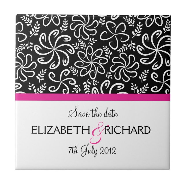 Funky black white flowers "Save the date" Tile (Front)