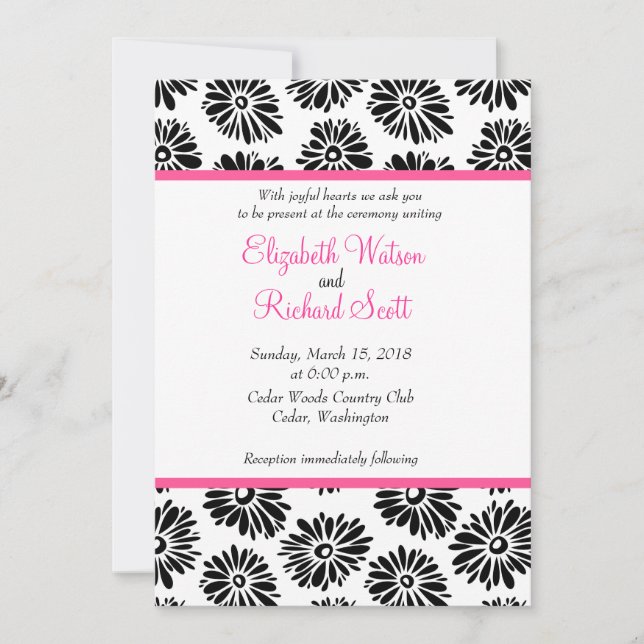 Funky black white flowers wedding invitation (Front)