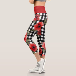Funky Black & White Pattern Red Flower Capri Leggings