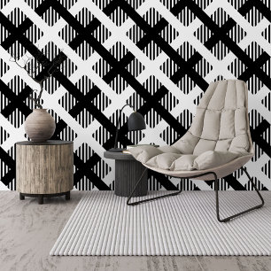 Funky Black White Plaid Squares Lines Stripes Art Wallpaper