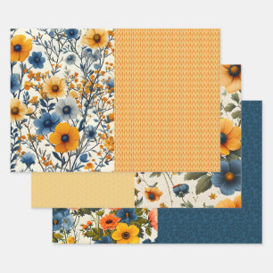 Funky Blue And Yellow Vintage Floral Half Mix  Wrapping Paper Sheet