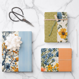 Funky Blue And Yellow Vintage Floral Half Mix Wrapping Paper Sheet
