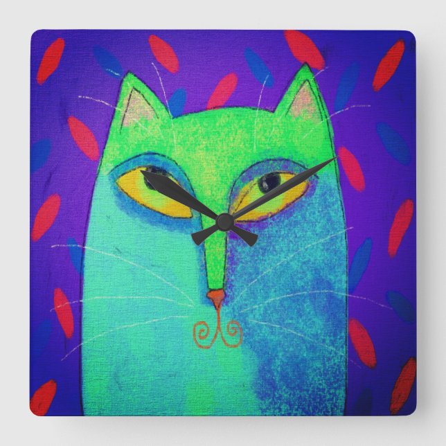 Funky Blue Cat Abstract Art Square Wall Clock (Front)