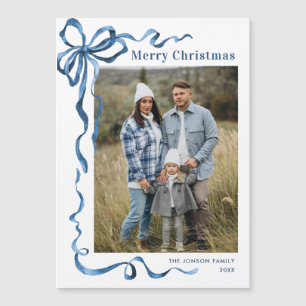 Funky Blue Christmas Bow Photo Magnetic Card