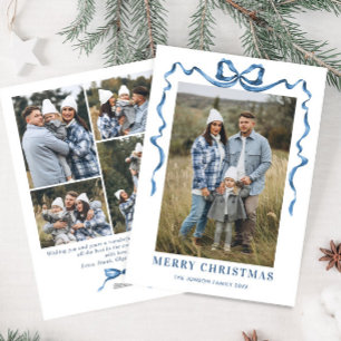 Funky Blue Christmas Bow Ribbon 5 Photo Holiday Card