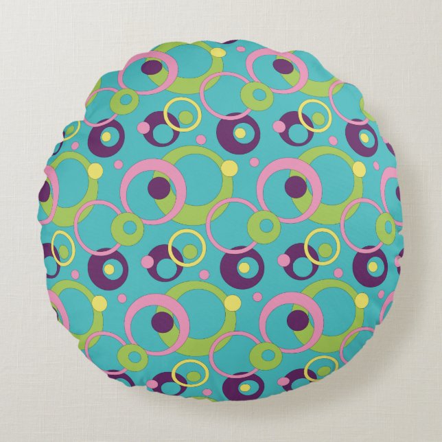 Funky Blue Circles Round Pillow (Front)