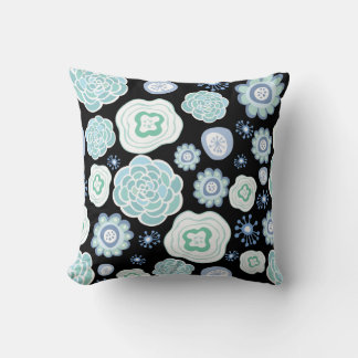 Funky Blue Floral Pattern Black Pillow Cushions