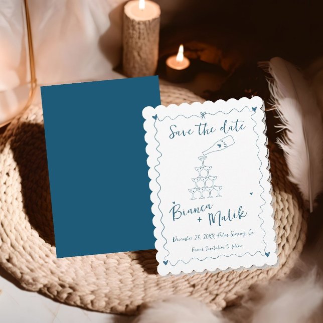 Funky Blue Handwritten Champagne Tower Wedding   Save The Date (Creator Uploaded)