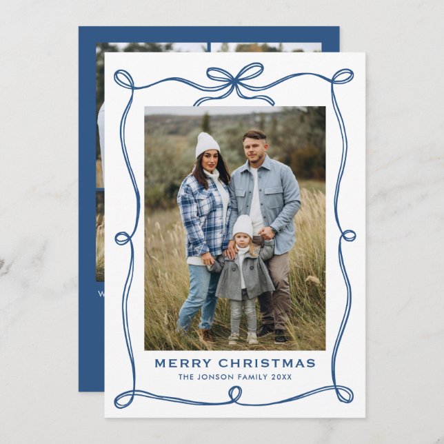Funky Blue Merry Christmas Bow Ribbon 5 Photo Holiday Card (Front/Back)