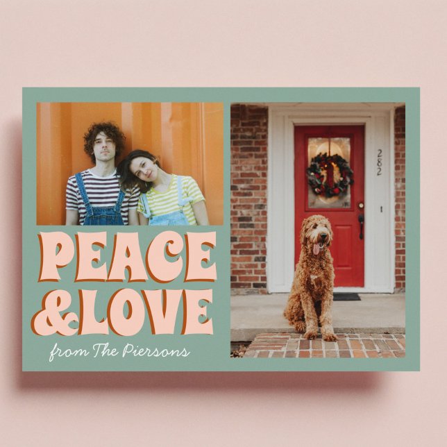 Funky Blue Pink Peace and love Photo Christmas Card (Creator Uploaded)