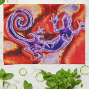 Funky Blue Purple Orange Lizard Gecko Southwestern Tea Towel