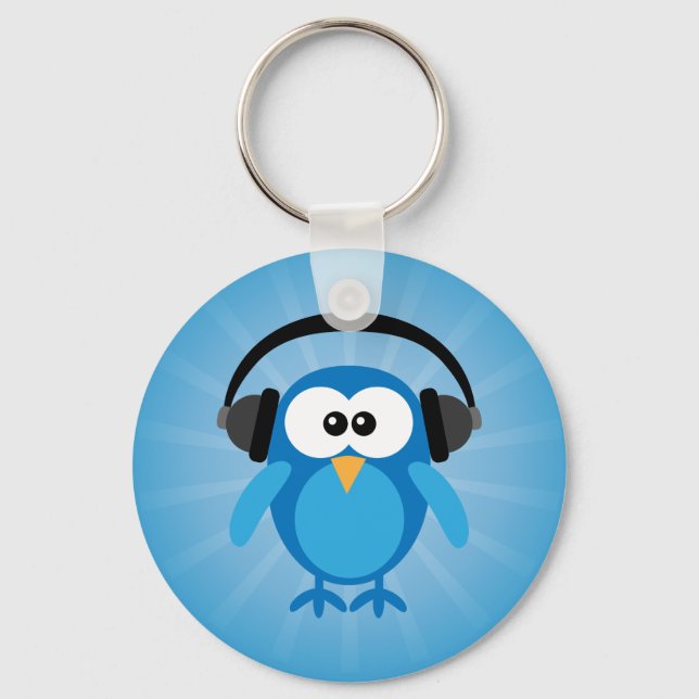 Funky Blue Retro Owl With Headphones Key Ring (Front)