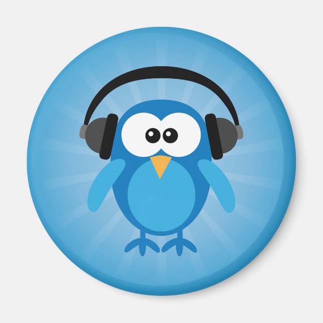 Funky Blue Retro Owl With Headphones Magnet (Front)