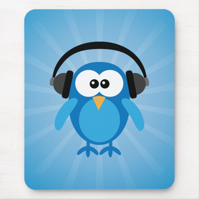 Funky Blue Retro Owl With Headphones Mouse Pad (Front)