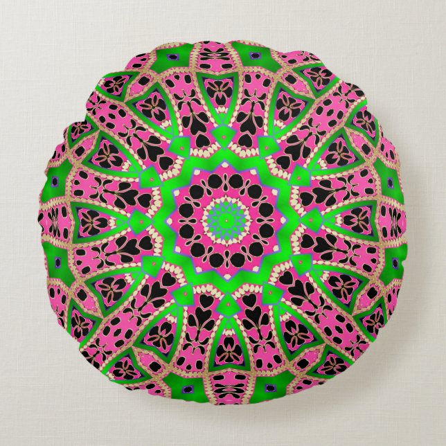 Funky Bohemian Green Pink Mandala Round Pillow (Front)