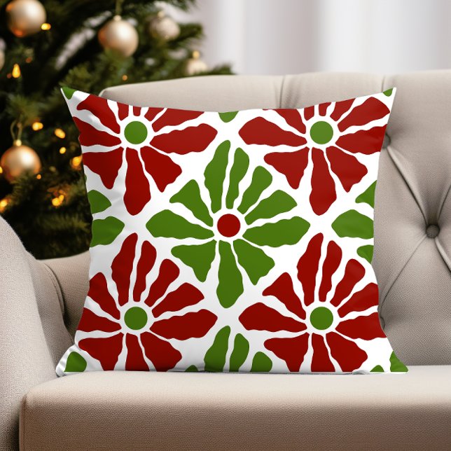 Funky Boho Christmas Poinsettia Flowers Red Green  Cushion (bold boho christmas floral pillow)