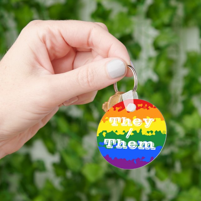 Funky Boho Customisable Pronoun Gay Pride Flag Key Ring (Hand)