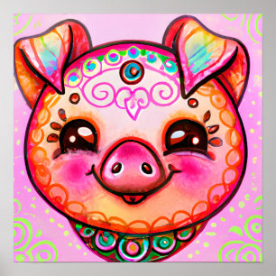 Funky Boho Pig Farm Animal Portrait Art Poster