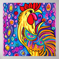 Funky Boho Rooster Farm Animal Portrait Art
