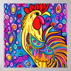 Funky Boho Rooster Farm Animal Portrait Art Poster