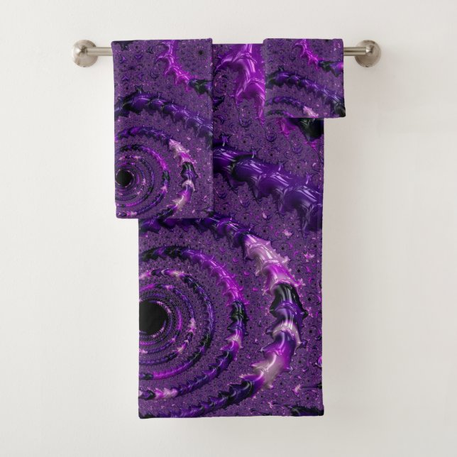 Funky Bold Boho Purple Digital Abstract Fractal Bath Towel Set (Insitu)