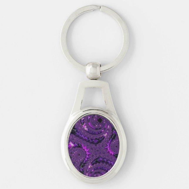 Funky Bold Boho Purple Digital Abstract Fractal Key Ring (Front)