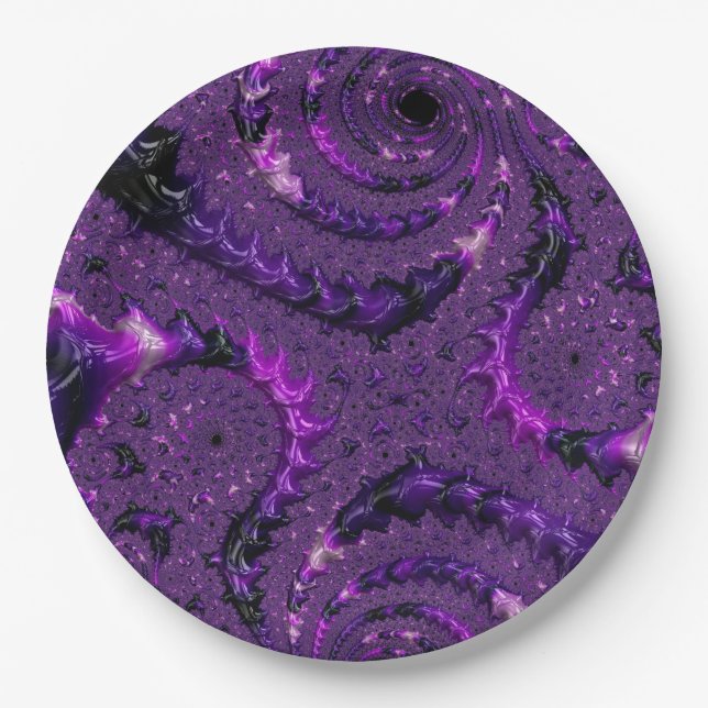 Funky Bold Boho Purple Digital Abstract Fractal Paper Plate (Front)