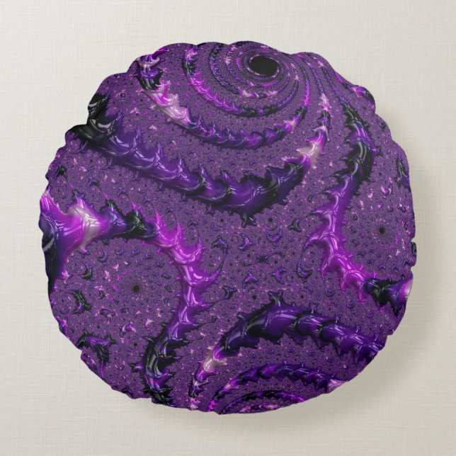 Funky Bold Boho Purple Digital Abstract Fractal Round Cushion (Front)