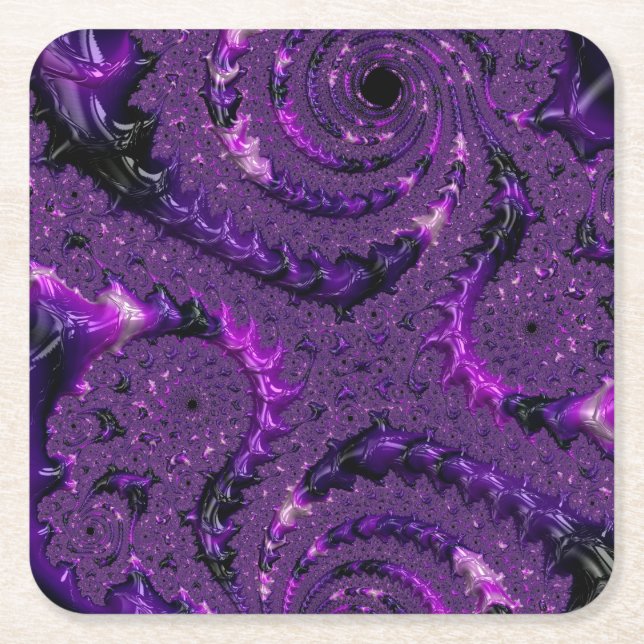 Funky Bold Boho Purple Digital Abstract Fractal Square Paper Coaster (Front)