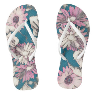Funky bold floral in pink and teal  thongs
