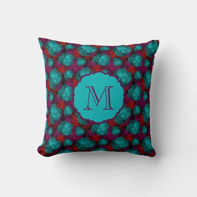 Funky Bold Roses Pattern Monogram Cushion (Front)