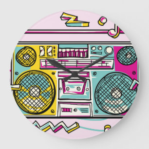Funky Boombox Colourful Drawn Design Large Clock