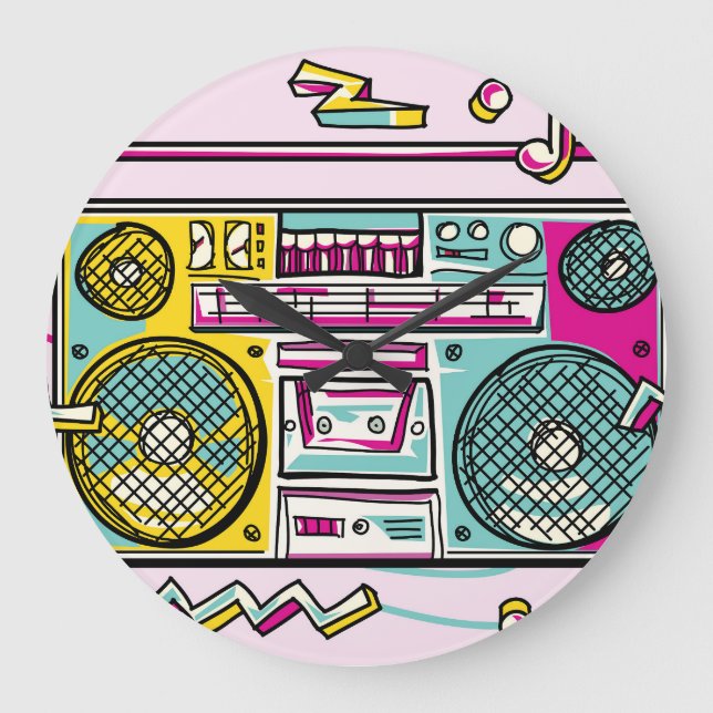 Funky Boombox Colourful Drawn Design Large Clock (Front)
