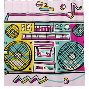 Funky Boombox Colourful Drawn Design Shower Curtain