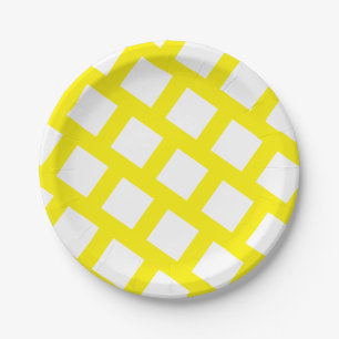 Funky Bright Yellow and White Rhombus Pattern Paper Plate